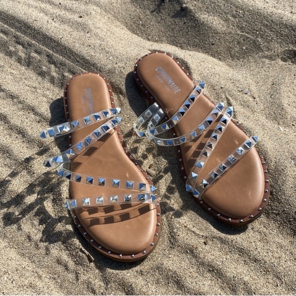 New Cushionaire Toni Sandals Memory Foam Clear Strap Studded Sandals